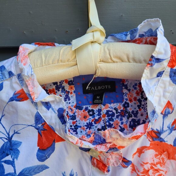 Talbots Red White Blue White Floral Button Down Blouse size Medium - Picture 3 of 13